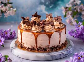 Decadent chocolate cake with caramel drizzle and chocolate shards photo