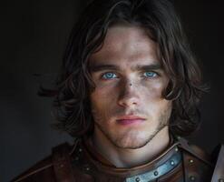 Intense gaze of a young man with long dark hair photo