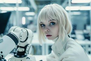 Futuristic scientist examining technology photo