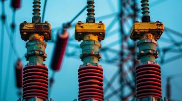Electrical transformer insulators in a power grid photo