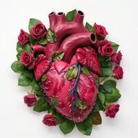 anatomical heart surrounded by red roses photo