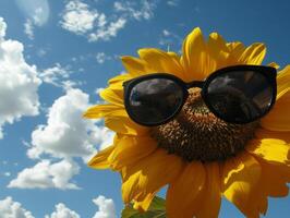 sunflower with sunglasses on blue sky background photo