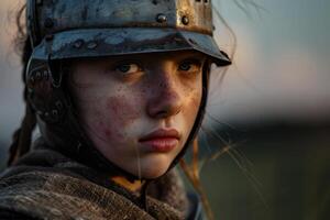 Determined young soldier in military helmet photo
