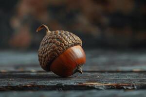 Close up of a textured acorn on a wooden surface photo