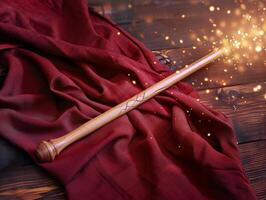 Magical wand on red fabric with sparkling lights photo