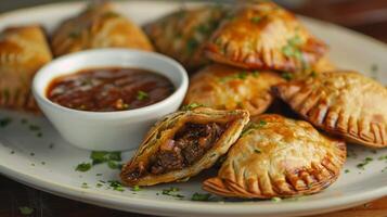 Delicious homemade beef empanadas with dipping sauce photo