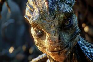 Close up of a reptilian creature with intricate scales and piercing eyes photo