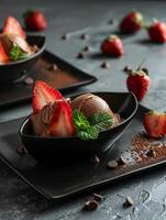 Delicious chocolate ice cream with fresh strawberries photo