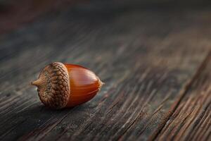 Close up of a single acorn on a wooden surface photo