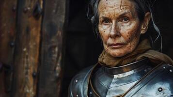 Weathered face of an elderly person in a dark environment photo