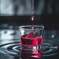 Dripping red liquid in glass photo