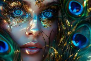Enchanting face with vibrant makeup and feathers photo