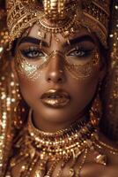 Ornate golden headpiece and makeup on a womans face photo