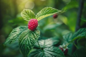 Ripe red raspberry on green leaves photo