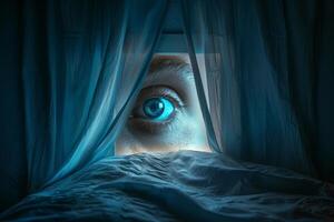 Mysterious eye peeking through curtains photo