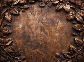 Carved wooden leaves frame on rustic wooden background photo