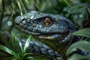 Closeup of a colorful snake in the grass photo