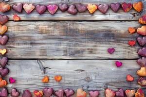 Colorful heart shaped candies on rustic wooden background photo