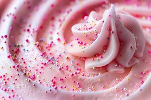 Delightful pink frosted cupcake with colorful sprinkles photo