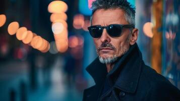 Mysterious man in sunglasses and coat on a city street at night photo