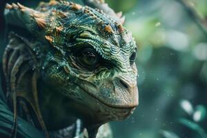 Close up of a vibrant green lizard with intricate scales and a piercing gaze photo