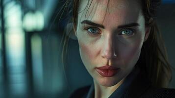 Pensive woman with striking blue eyes photo