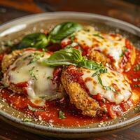 Delicious baked chicken parmesan with tomato sauce and fresh basil photo