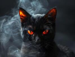 Mysterious black cat with glowing red eyes in smoky atmosphere photo