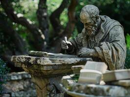 Thoughtful philosopher statue in a serene garden photo
