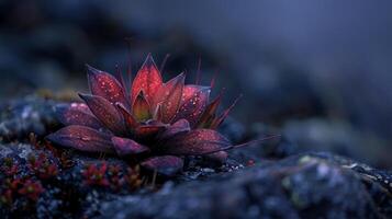 Glowing red succulent plant in dark nature photo
