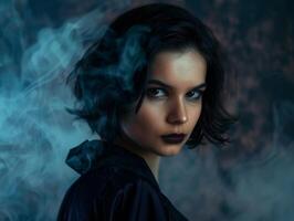 Mysterious woman with dark hair and intense expression photo