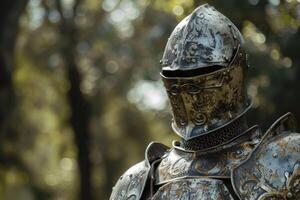 Ornate medieval knights armor in a forest setting photo