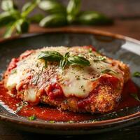 Delicious baked chicken parmesan with tomato sauce and melted cheese photo