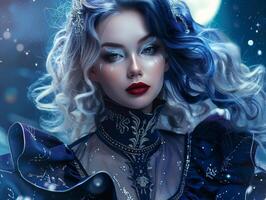 Enchanting winter fairy with sparkling makeup and flowing hair photo