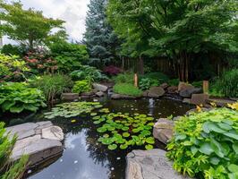 Serene backyard garden with pond and lush foliage photo