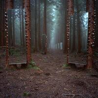 Enchanted forest path with glowing mirrors photo