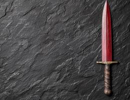 Dramatic red sword on dark slate background photo