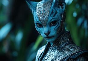 Mysterious blue alien warrior with intricate armor photo