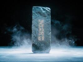 Mysterious glowing stone tablet in snowy landscape photo