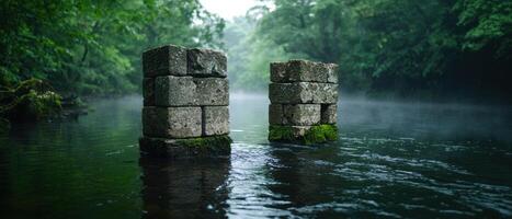 Mysterious stone pillars in a tranquil forest lake photo