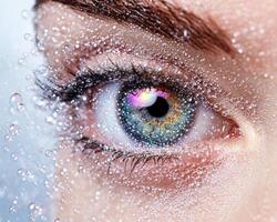 Sparkling eye with colorful iris and water droplets photo