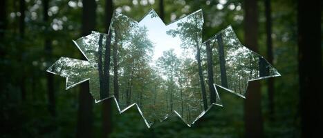 Shattered glass reflecting forest scenery photo