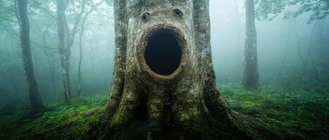 Mysterious forest with eerie tree trunk photo
