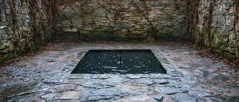 Serene stone fountain in secluded forest setting photo