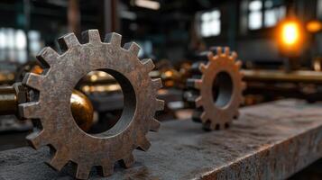 Rusty gears and cogs in an industrial setting photo