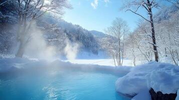Serene winter landscape with snow covered trees and a steaming hot spring photo