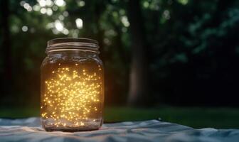 Glowing jar of fairy lights in the dark photo