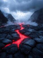 Dramatic volcanic landscape with glowing lava flow photo