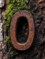 Rusty metal ring on tree trunk with moss photo