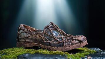Weathered boot covered in moss and vines photo